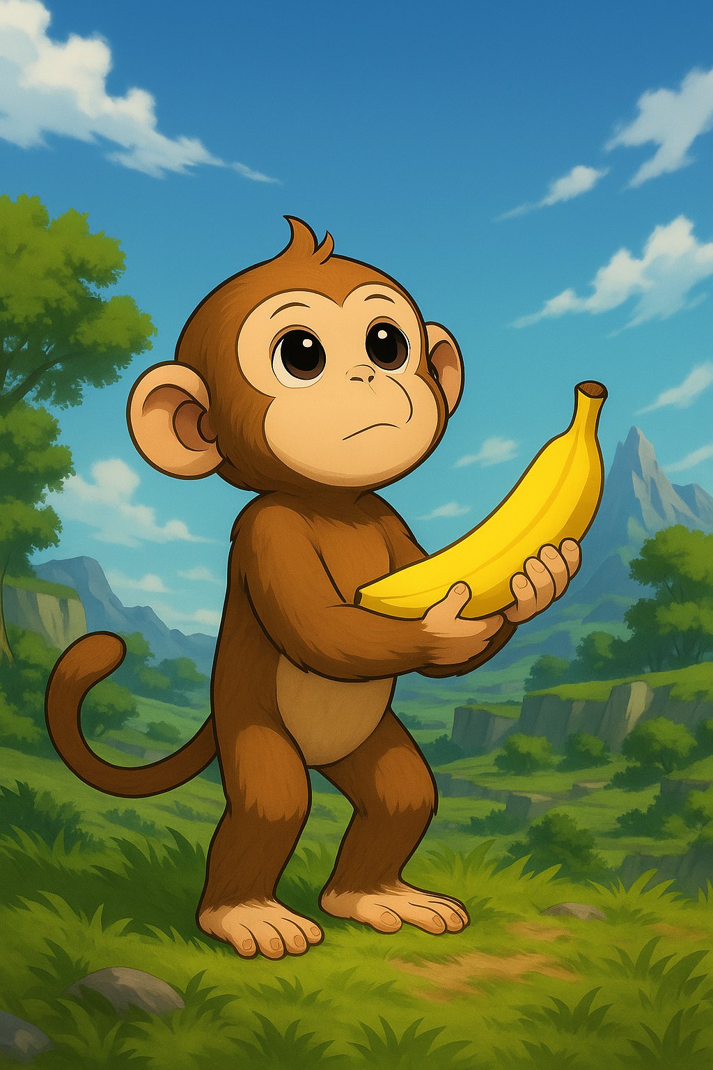 A small monkey standing in a green valley, holding a single banana