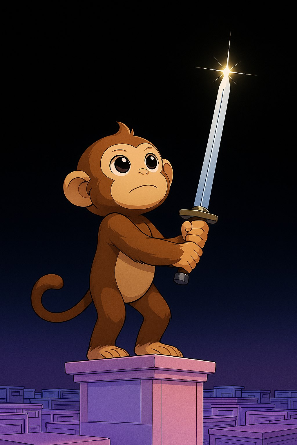 The monkey standing on a pedestal, holding the glowing sword high, revealed as legendary