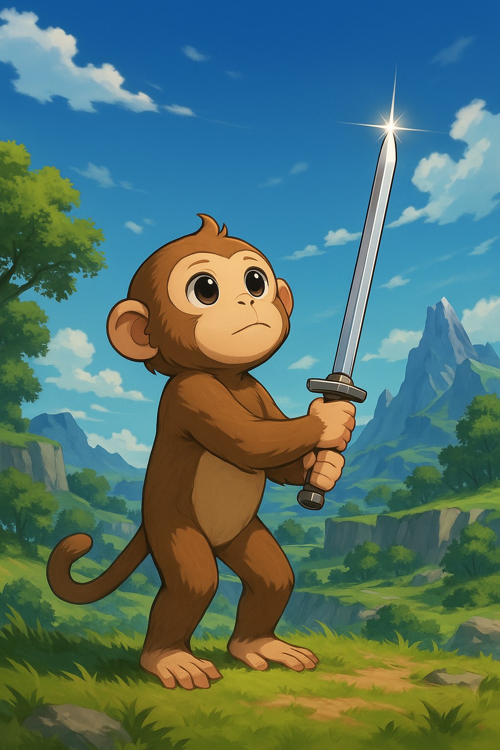 The monkey holding up a shining sword he found in the grass
